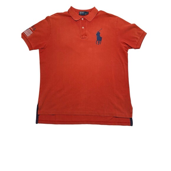Polo Ralph Lauren Large Orange-Red Navy Blue Big Pony USA Flag Y2K Vintage *flaw - Picture 1 of 15